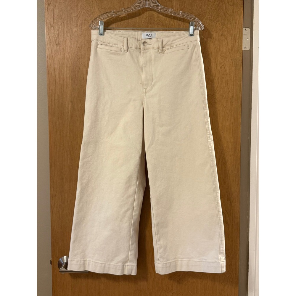 OAT New York Wide Leg Crop Jeans Womens 10 30 Cream High Rise Denim Patch Pocket